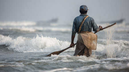 Fishermen in action on the beach in the early morning.の素材
