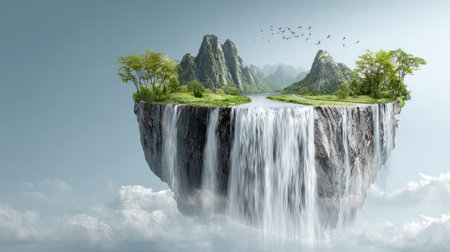 Fantasy island floating in the air with trees and mountains in the backgroundの素材