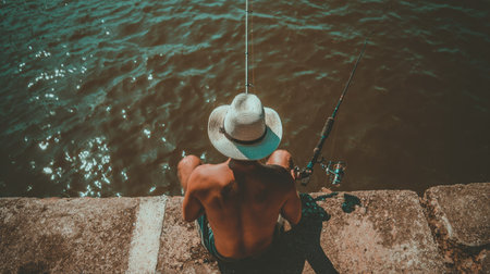 Back view of a woman in a hat fishing on the pier.の素材