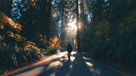 Man walking on the forest road at sunset with sun rays through the treesの素材