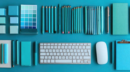 Flat lay composition with stationery and computer keyboard on color backgroundの素材