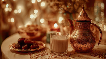 Dates in a pot and a glass of milk on the tableの素材