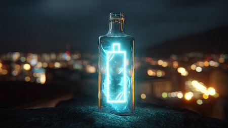 Glass bottle with glowing light inside on city background. 3D renderingの素材