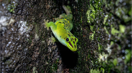 Green gecko (Lizard) on a tree in the forestの素材