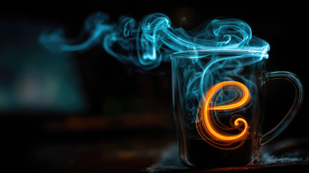 Cup of coffee or tea with smoke on dark toned background.の素材