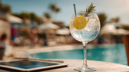Cocktail in a glass on the background of the swimming poolの素材