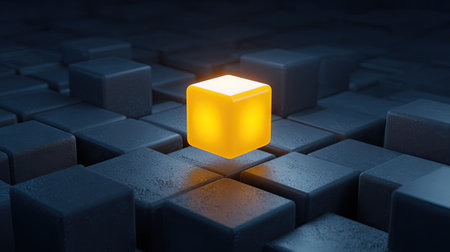 3d rendering of a golden cube in a dark room with cubesの素材