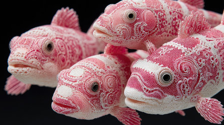 Close-up of a group of pink fish on a black backgroundの素材