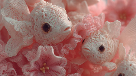 Close up of pink and white crochet fish for decoration in wedding dayの素材