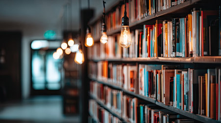 Bookshelf with books and light bulbs in library, education conceptの素材