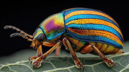 Macro shot of a colorful beetle on a green leaf, black backgroundの素材