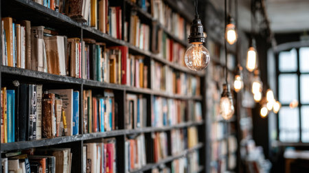 Old bookshelves with light bulbs in a library. Selective focus.の素材