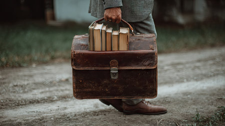 Man with a suitcase and books in his hands. Retro style.の素材