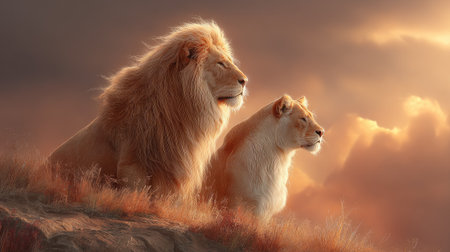 Lion and lioness on a hillside at sunset, 3d renderの素材