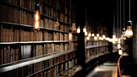 Old bookshelves with light bulbs in library. Selective focus.の素材