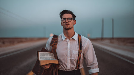 Young hipster man wearing suspenders and eyeglasses holding book while standing on the roadの素材