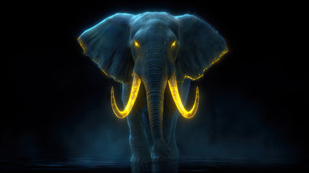 Elephant in the dark with neon light. 3D illustration.の素材