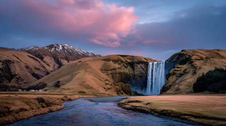 Seljalandsfoss waterfall at sunset, Iceland, Europeの素材