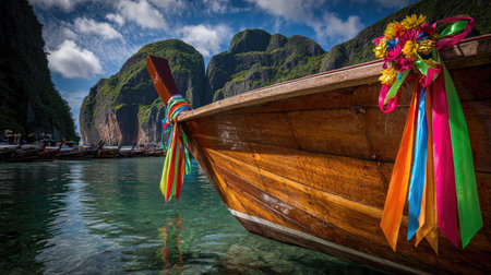 Traditional long tail boat at Maya Bay, Phi Phi island, Thailandの素材