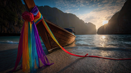 Long tail boat on the beach at sunset, Phi Phi island, Thailandの素材