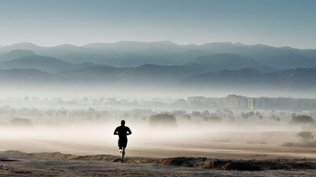 Silhouette of running man in foggy morning. Mixed mediaの素材