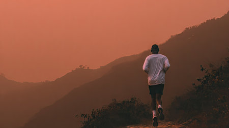 Runner athlete running on mountain trail at sunrise. woman fitness jogging workout wellness concept.の素材