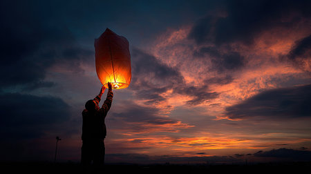 Young asian man holding a paper lantern in the sky at sunsetの素材