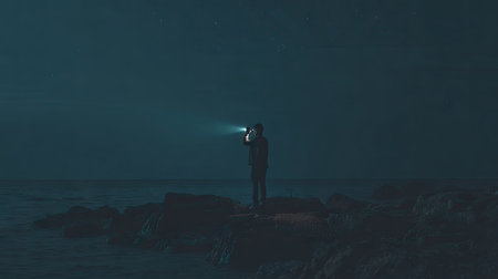 Silhouette of a man with a flashlight in his hand, standing on a rock in the sea at night.の素材