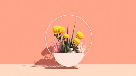 3d render of vase with flowers on pastel background.の素材