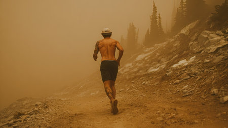 Athletic man running on a trail in the mountains.の素材