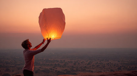 Man with hot air baloon at sunset in Namibia, Africaの素材