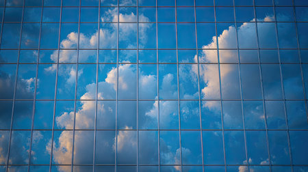 Reflection of blue sky and clouds in glass windows of office buildingの素材