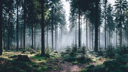Foggy morning in the forest. Panoramic view.の素材
