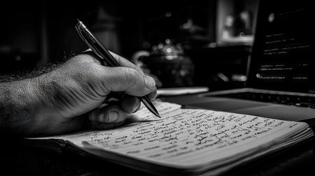 Man writing on a notebook with a fountain pen, black and whiteの素材