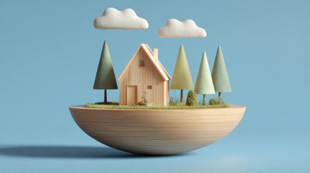 House and pine trees in wooden bowl on blue background. 3D renderingの素材