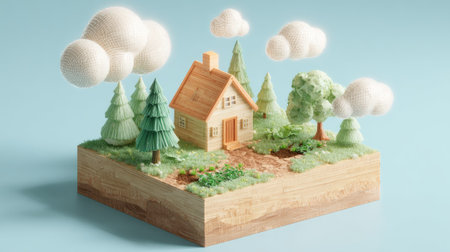 3d illustration of a house in the grass with trees and cloudsの素材
