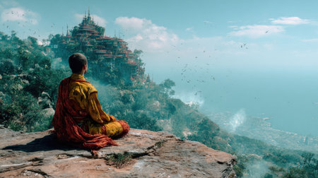 Buddhist monk sitting on the edge of a cliff and meditatingの素材