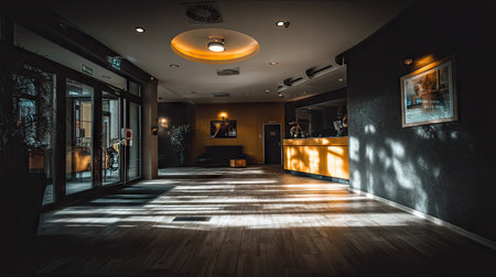 Interior of a hotel room with dark walls, wooden floor and large windowsの素材
