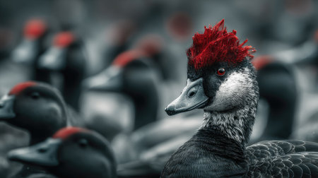 Black and white portrait of a duck with red hair on the headの素材