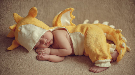 Newborn baby boy sleeping in a bee costume. Toned.の素材