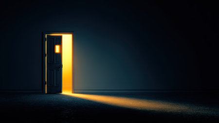 Door in dark room with light coming out. 3D renderingの素材