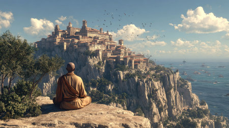Buddhist monk sitting on the edge of a cliff and meditatingの素材