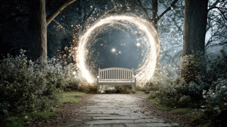 Bench in the park at night with lights. 3D rendering.の素材