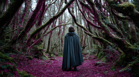 A woman in a long black cloak walks through a mysterious forest.の素材