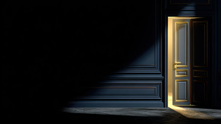 3D rendering of an illuminated door in a dark room with light coming through itの素材