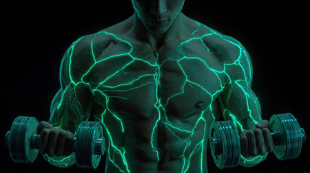 Athletic man lifting dumbbells with green neon lightの素材