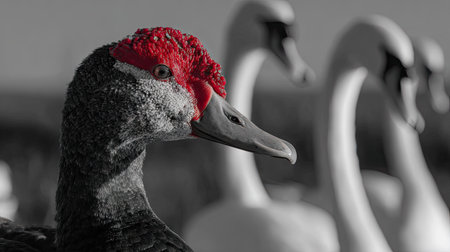 Black and white photo of a duck with a red beak and a red headの素材