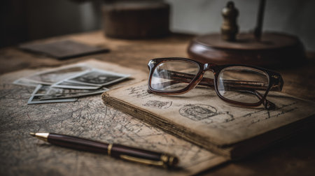 Vintage still life with old map, fountain pen and glasses.の素材