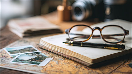 Glasses, pen and old map on a wooden table. Vintage style.の素材
