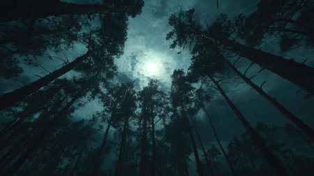 Foggy forest at night with full moon in the sky.の素材